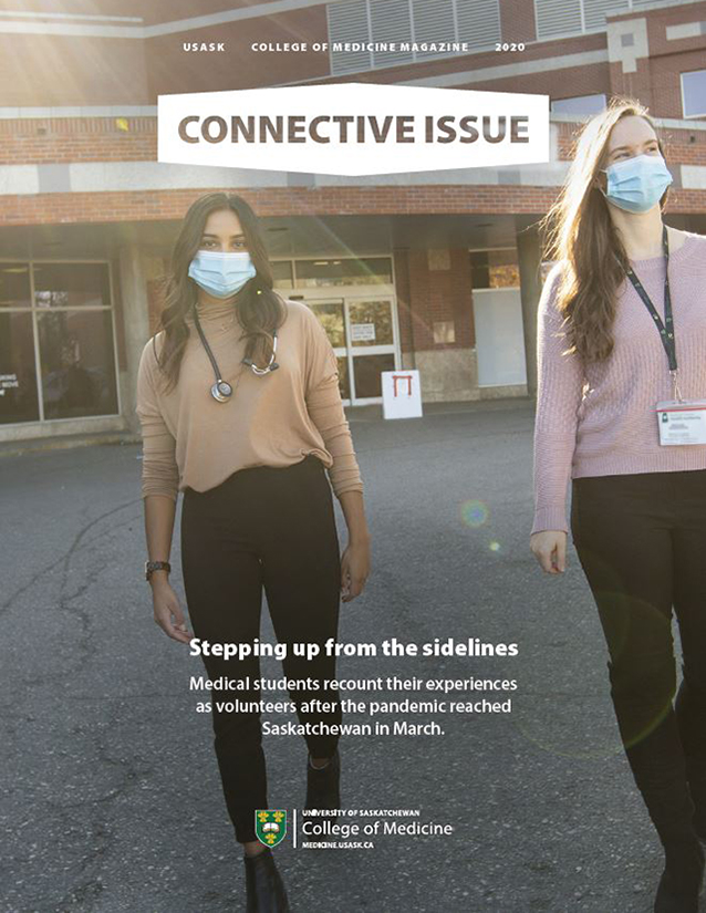 This image depicts two medical students wearing masks standing in front of Regina General Hospital. 