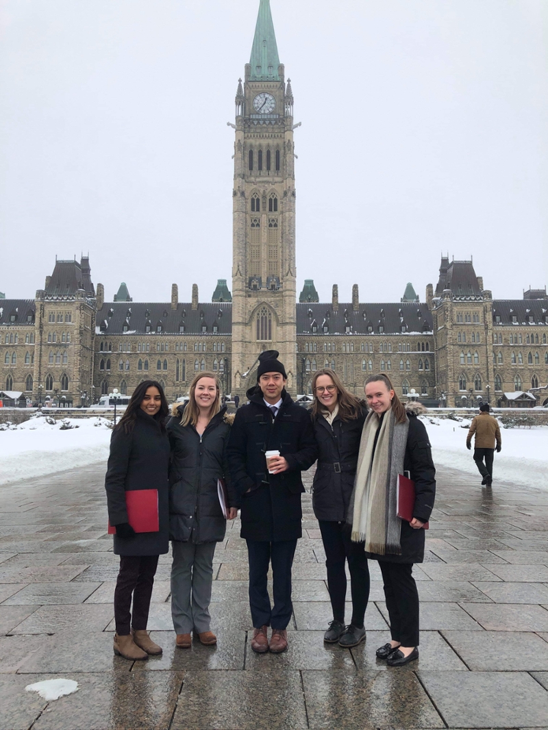 U of S delegates Sehjal, Kaitlyn, Alan, Kate, and Jessica on Parliament Hill during the CFMS Day of Action for Seniors Care and Aging. 