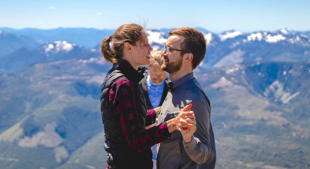 Doctors Christie Kimber and Zeke Steve, both graduates of the U of S College of Medicine class of 2015, were married June 16 on top of Mount Arrowsmith. (Photo: Max Watson)