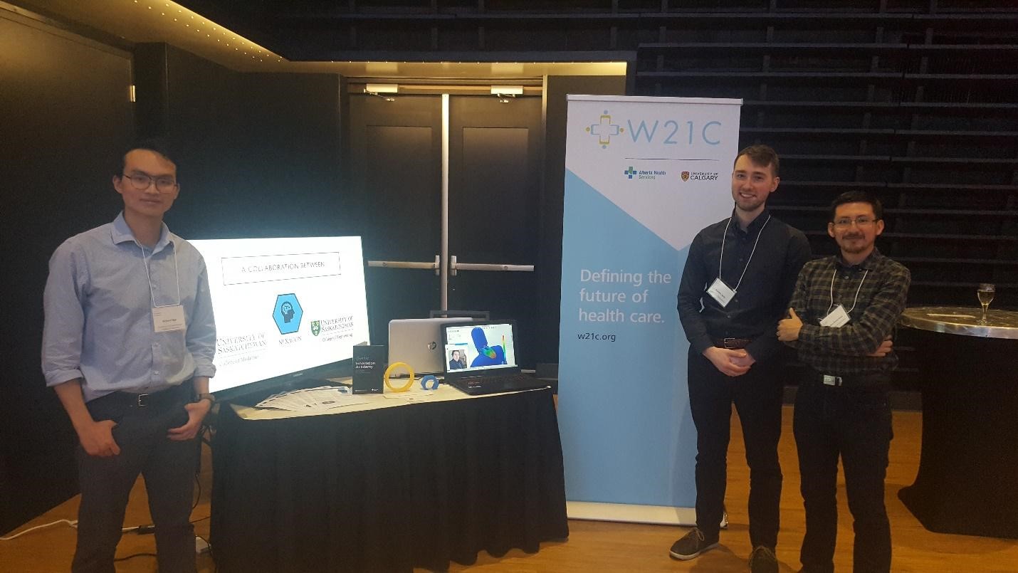As a result of winning the 2019 Med.Hack event, our team (from left, Richard Ngo, Brandon Spink and Andres S. Erazo) exhibited our Nexagon device at the W21C conference in Calgary.