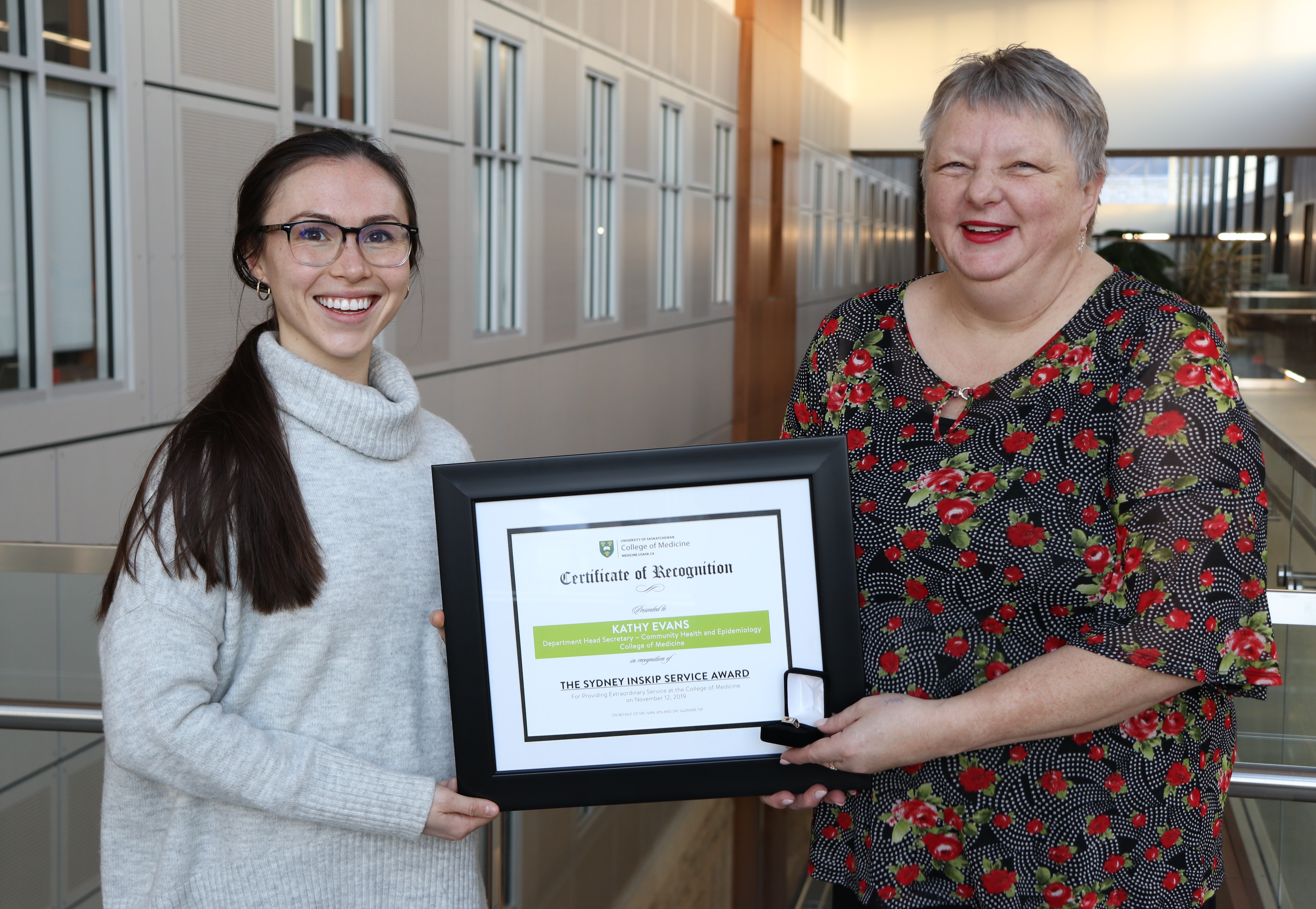 Kathy Evans (right), 2019 Sydney Inskip Service Award recipient with Steph Hart, donor relations and leadership giving officer
