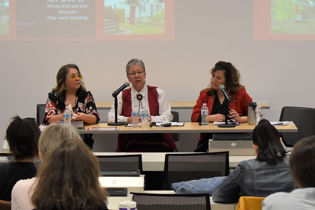 From left,  Darlene Okemaysim-Sicotte from Beardy’s and Okemasis First Nation, Senator Lillian Dyck and Dr. Veronica McKinney are seen at a panel about systematic violence against Indigenous women on March 11. (Photo: Sarah Vermette)