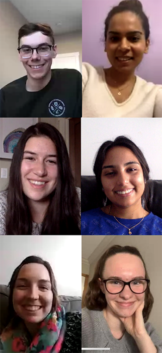 From top, left to right: USask medical students Colten Molnar, Tayyaba Bhatti, Sarah White, Sehjal Bhargava, Alexa McEwen and Jessica Froehlich are seen here organizing volunteer efforts through remote communication.(Submitted photo)