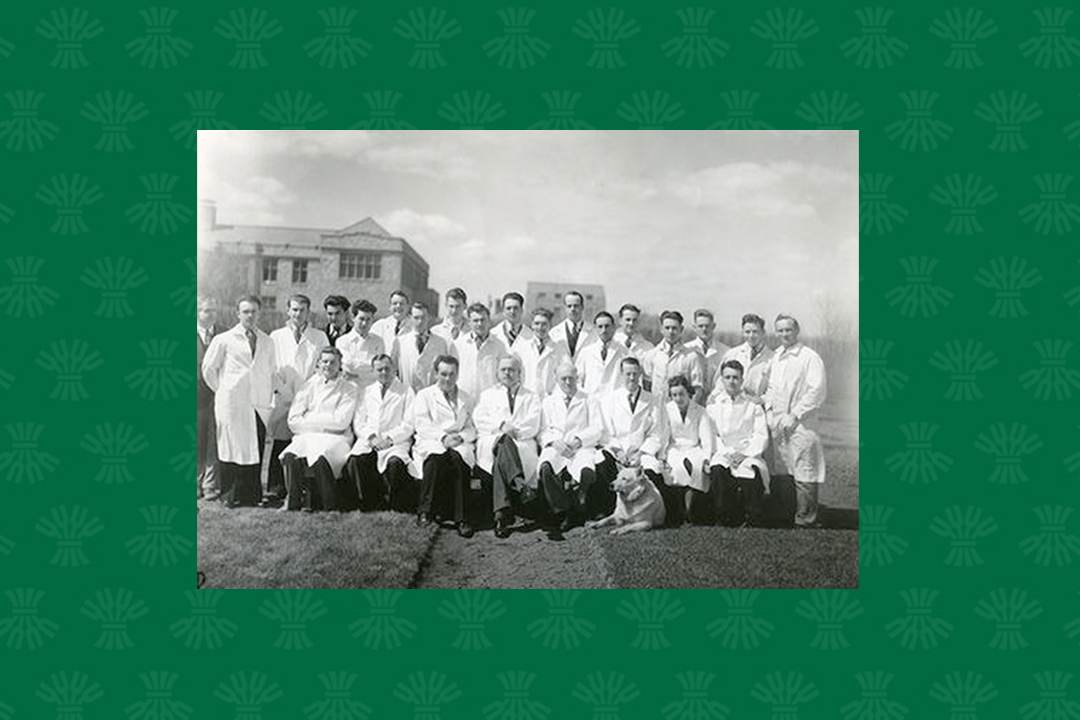 School of Medical Sciences, Class of 1935. Dr. James M. Campbell (MED’31) seen here, third from left in the front row, after joining the school as a faculty member. (Photo: University of Saskatchewan, University Archives and Special Collections: Ref A-5751)