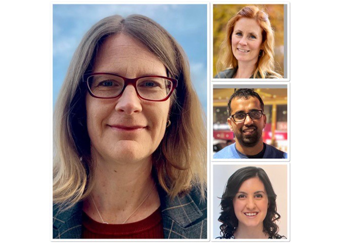 Dr. Katherine Knox, an associate professor in the Department of Physical Medicine and Rehabilitation, and her team Dr. Alison Oates, an associate professor in the College of Kinesiology (top right), Pawan Kumar, an engineer and kinesiology research fellow (middle right), and fourth-year medical resident Najala Orrell. 