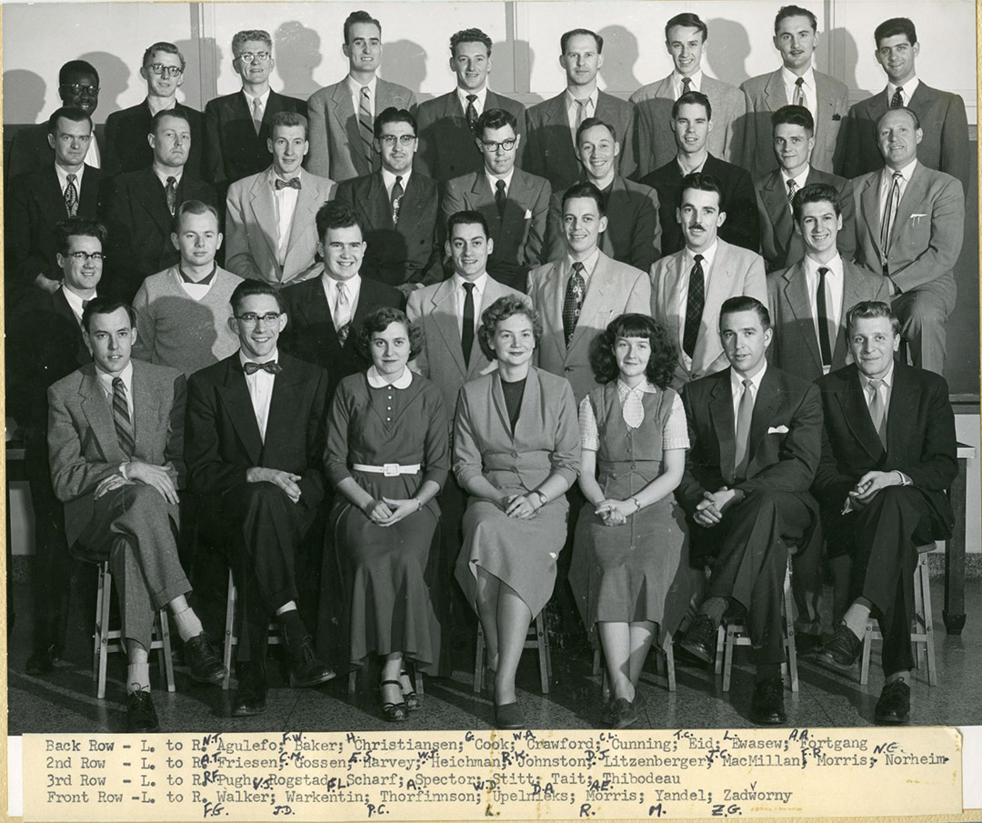 The University of Saskatchewan medicine class of 1954, featuring Dr. N.T.C. Agulefo (MD) (top row, far left). (Photo: RG-2104 FONDS, A-5770)