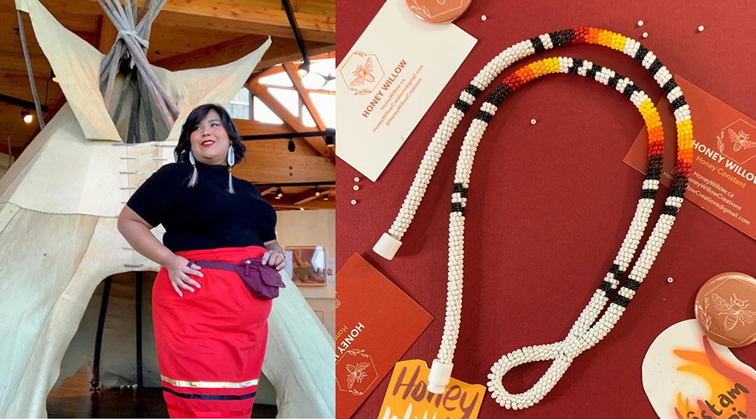 From left: Indigenous artist Honey Constant-Inglis and the lanyard she gifted to students. (Photos: Submitted)