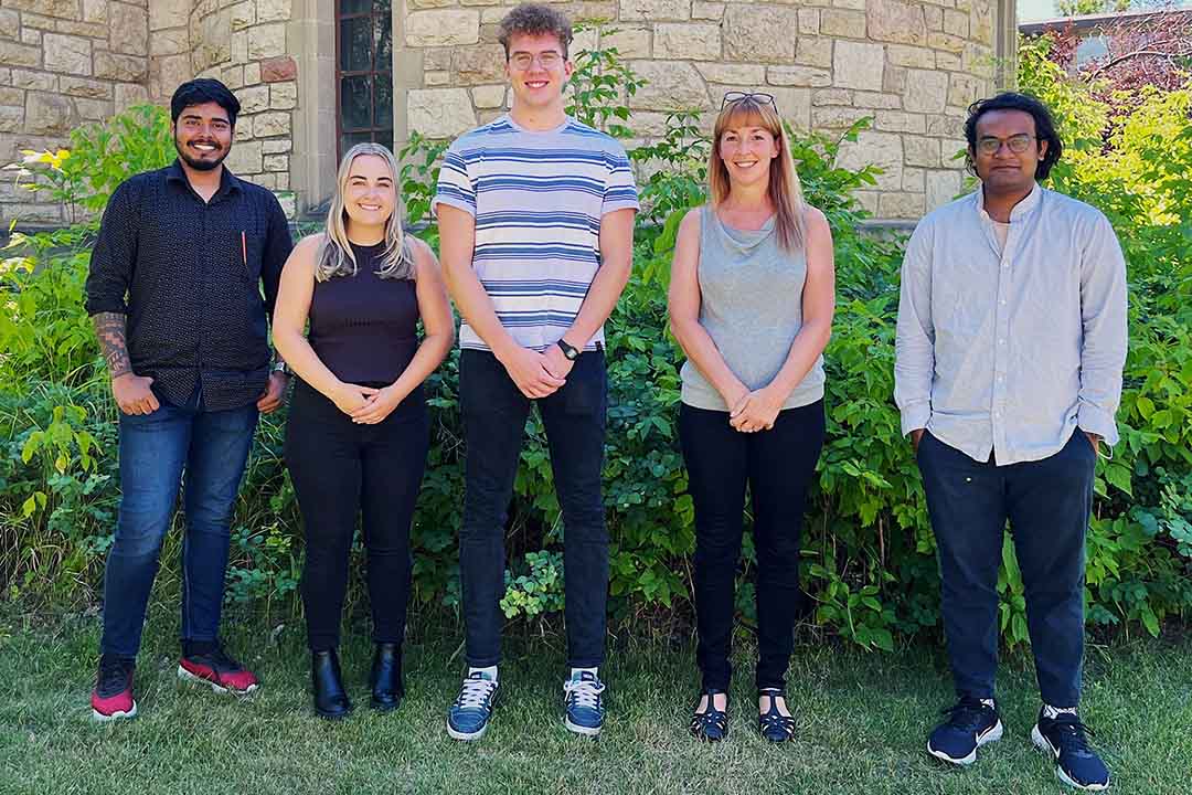 A USask College of Medicine research team including Saurav Rout, Maddie Stewart, Nathan Seidel, Dr. Kerry Lavender (PhD), and Satyajit Biswas is studying new treatments for HIV infection. (Photo: Submitted)