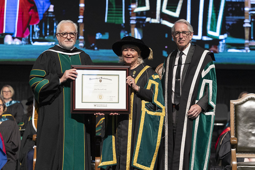 Dr. John Conly (MD) accepted an Honorary Doctor of Science degree during the June 8 USask Spring Convocation ceremonies at Merlis Belsher Place. (Photo: Dave Stobbe)
