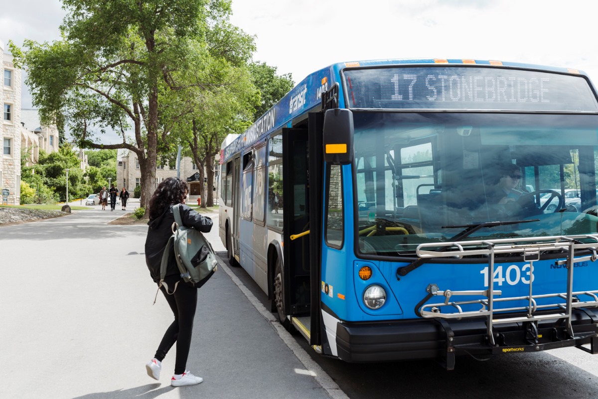 A City of Saskatoon bus stops in front of Place Riel on the USask campus (Photo courtesy of the City of Saskatoon)