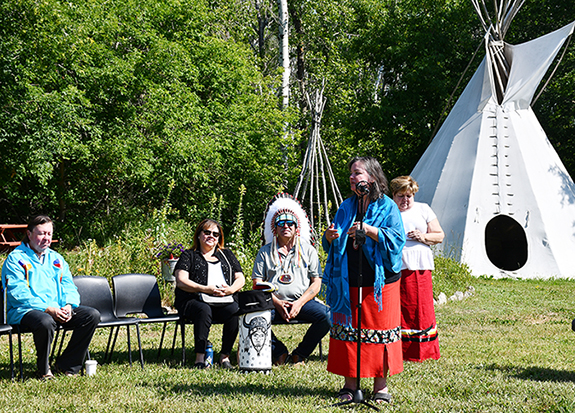 Sharon opening a partnership ceremony with Pewaseskwan and The Key First Nation and Yorkton Tribal Council in August 2022. (Photo: Submitted)