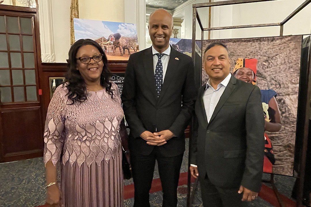 (From left) Training coordinator Argentina Munguambe, Canadian Minister of International Development Ahmed Hussen and USask’s Dr. Nazeem Muhajarine (PhD) stand for a photo after the announcement of $20 million for Muhajarine’s project ‘Sexual and Reproductive Health for Young Women in Inhambane.’ (Photo: Supplied)
