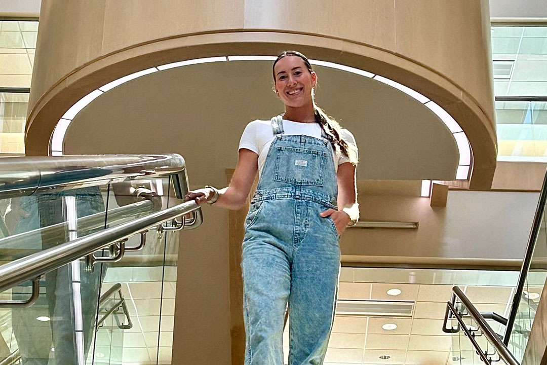 Former Huskie and current USask MD student Brianna Andrews in the Health Sciences Building at the University of Saskatchewan. (Photo: James Shewaga)