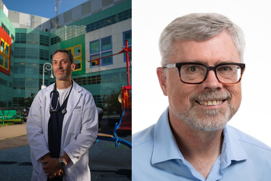 Left to right: Dr. Stephen Freedman (MD) from the University of Calgary and Dr. Terry Klassen (MD) from USask’s College of Medicine. (Photo credit: Leah Hennel, Alberta Health Services)
