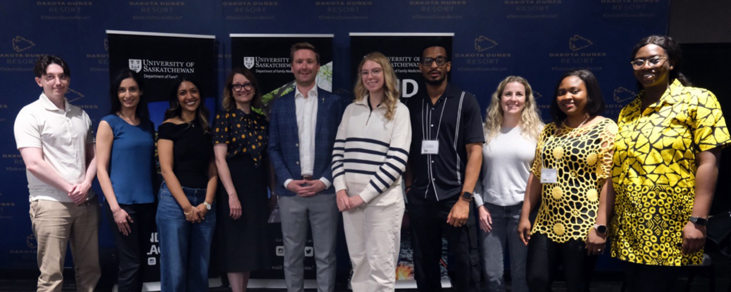 Residents representing the existing eight family medicine training sites pose with College of Medicine Dean Dr. Sarah Forgie, and the Minister of Health Honorable Jeremy Cockrill at the recent Family Medicine Resident Retreat. From left to right: Dr. Daniel Antonenko (La Ronge), Dr. Jessica Kainth (Northwest), Dr. Irene Firoz (Moose Jaw), Dr. Calista Lytle (Prince Albert), Dr. Chibuzor Okoronkwo (Regina), Dr. Stephanie Walls (Saskatoon), Dr. Mary Olaniyi (Swift Current) and Dr. Oladoyin Olaosebikan (Southeast).