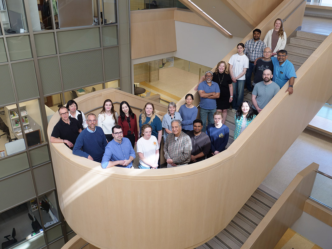 The team of USask researchers who contributed to the recent Cell Genomics article on PLK1 stands for a photo in the USask Health Sciences building. (Photo: Submitted)