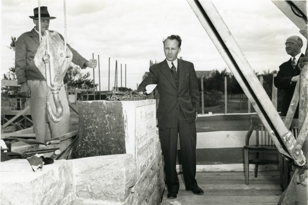 At the Medical Building cornerstone ceremony, Saskatchewan Premier Tommy Douglas said, “We must not only train men and women who have an outlook on the people of this province, but we must train them to have a social vision of what medicine can do.” (Photo: USask Archives)