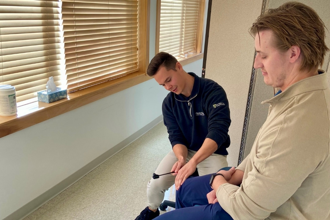 Jared Noyes (MPT'26) assesses another student in the student-led PT clinic on USask Prince Albert campus (Photo: Submitted)