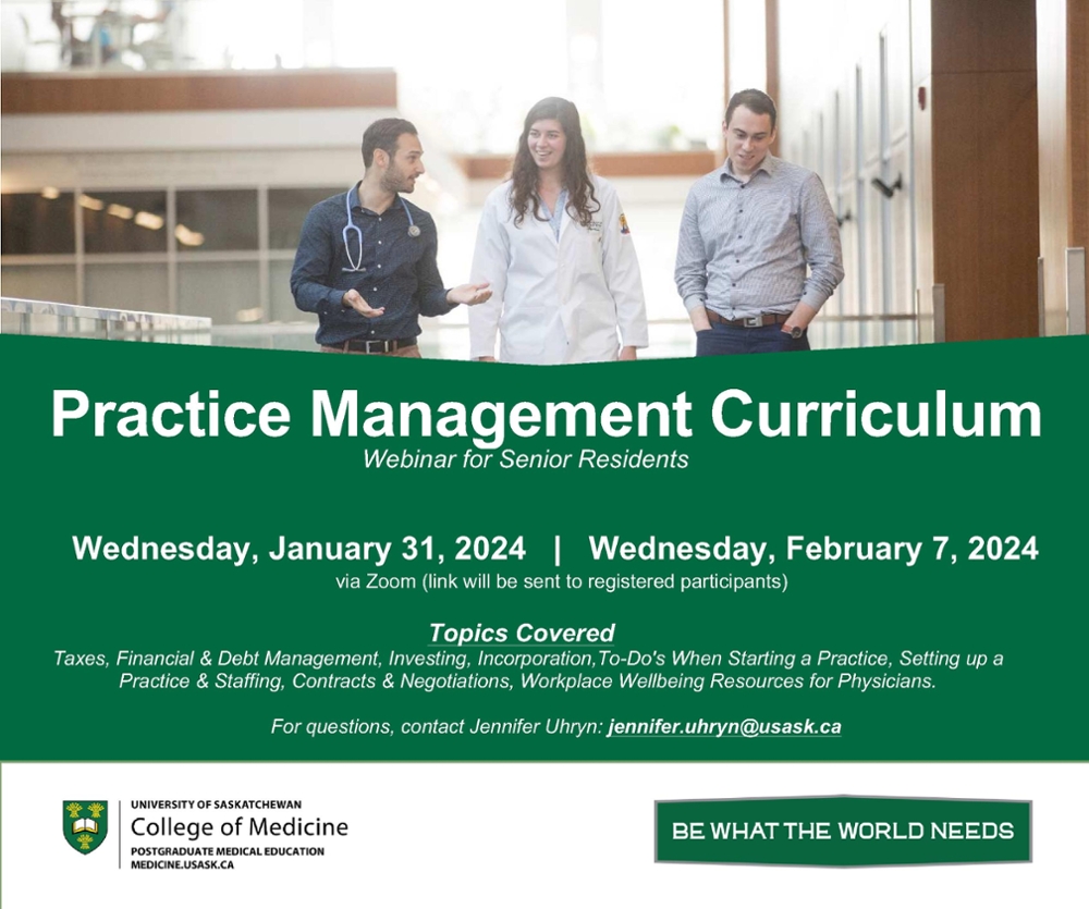 practice management curriculum event details - webinar for senior residents. Jan 31 and Feb 7 