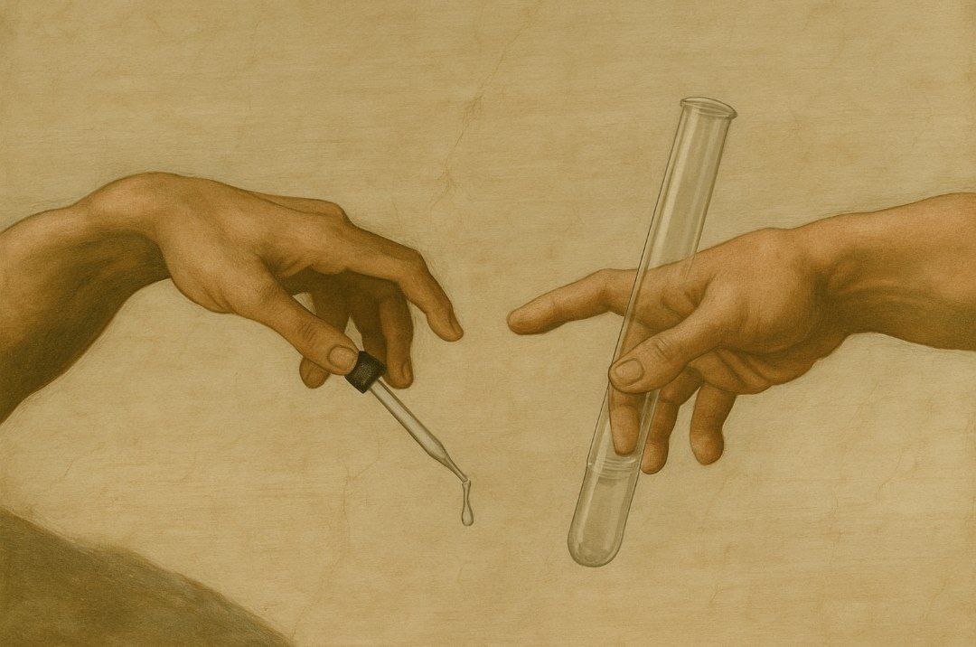 Drawing of two hands reaching out with beakers 