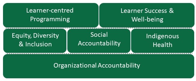 Learner centred Programing, Learner Success & Well Being, Equity Diversity & Inclusion, Social Accountability, Indigenous Health, Organizational Accountability