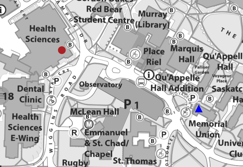 Campus map showing Health Sciences Building B Wing and Louis’ Loft locations